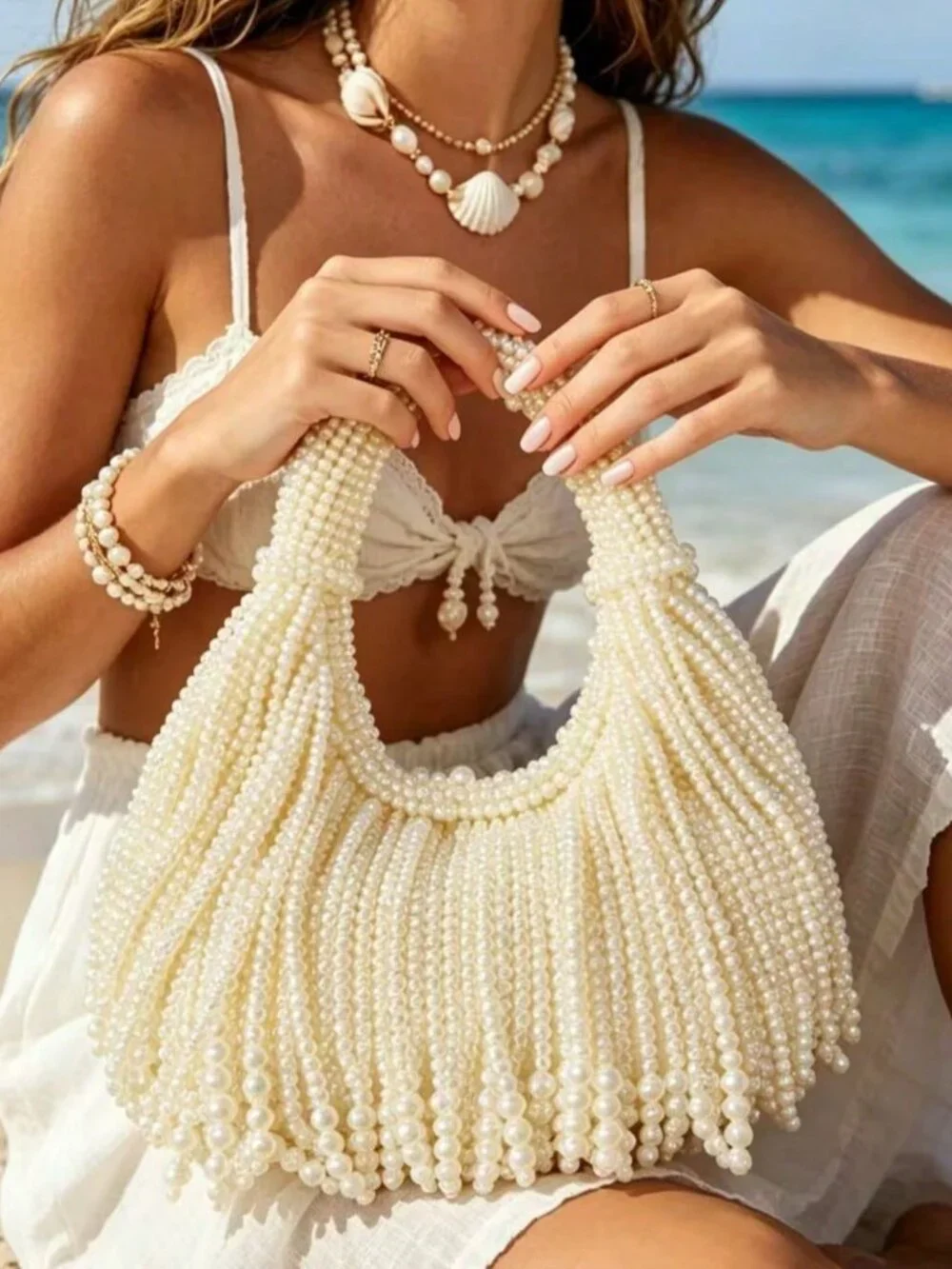 Beige Glamorous Women's Faux Pearl Beads Bag
